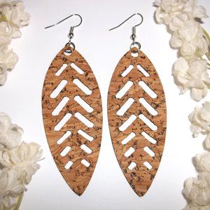 Lightweight Statement Earrings Brown Tan Cork With Silver Leaf Jewelry Set C143